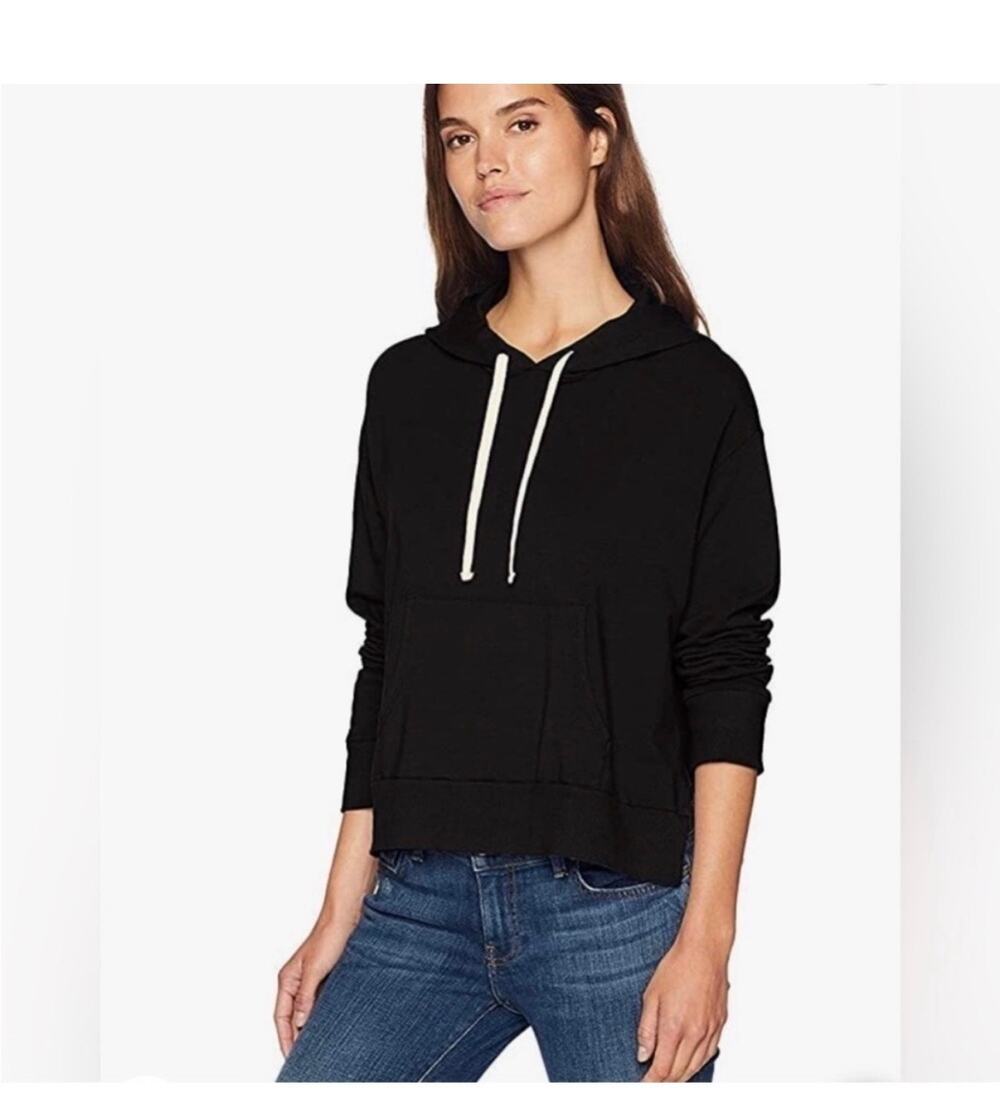 Monrow Supersoft Pullover Hoodie Sweatshirt Black Side Slit X Small